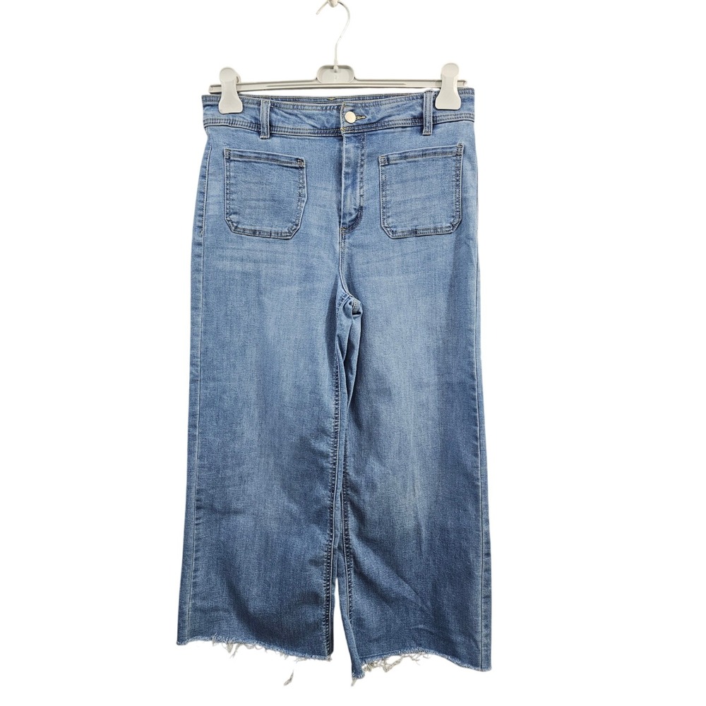 OAT New York Women's Wide Leg Crop Jeans Distressed‎ Hem Light Wash Size 10 30